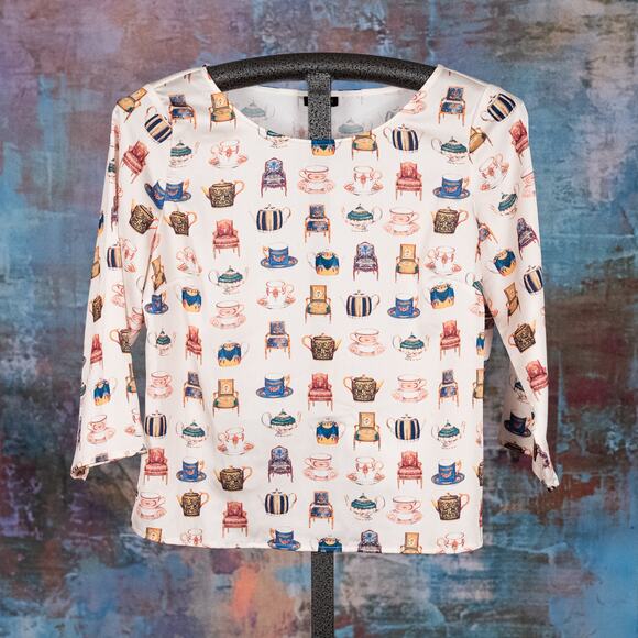 Talbots Tea Party Theme Blouse Women's SMALL Colorful Satin Cups Chairs England - Picture 1 of 7
